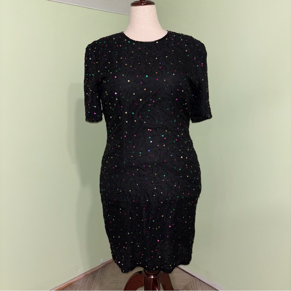 VTG Stenay 100% Silk Black Beaded Mini Dress Short Sleeve 80’s Women’s Sz 14